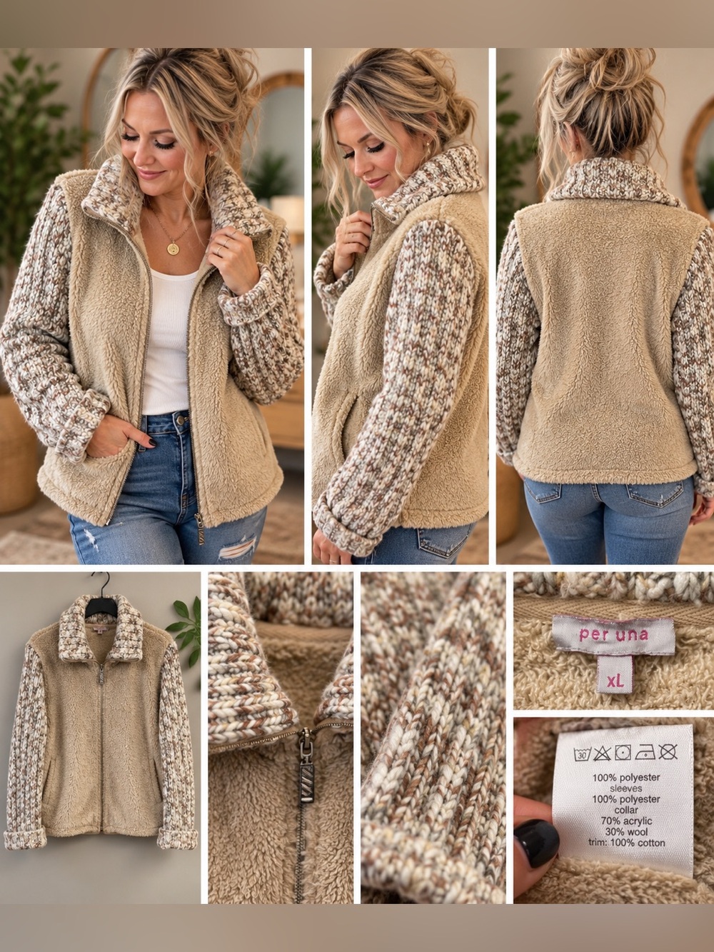 Per Una XL Teddy Sherpa Jacket Chunky Knit Sleeves Cozy Zip Coat